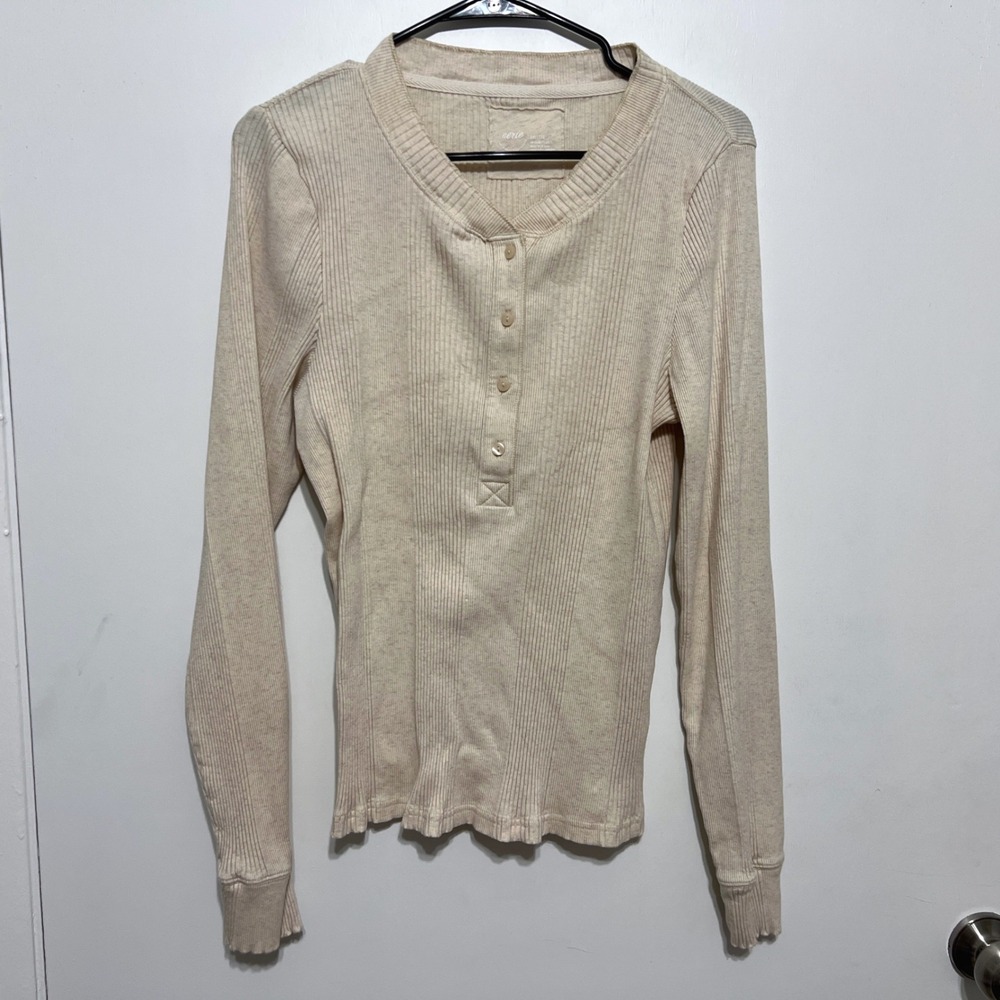 Aerie Henley Top Womens XXL Cream Ribbed‎ Long Sleeve Fitted Cotton Blend